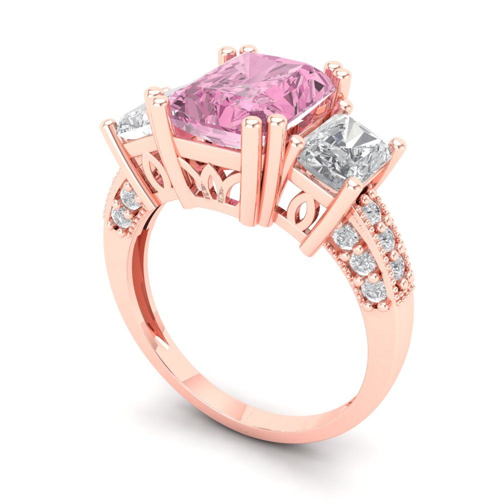 4.27 cttw Zirconia Simulated Pink Diamond Three-Stone Engagement Ring - Solid Gold (VVS1, Emerald Cut,9x7mm)
