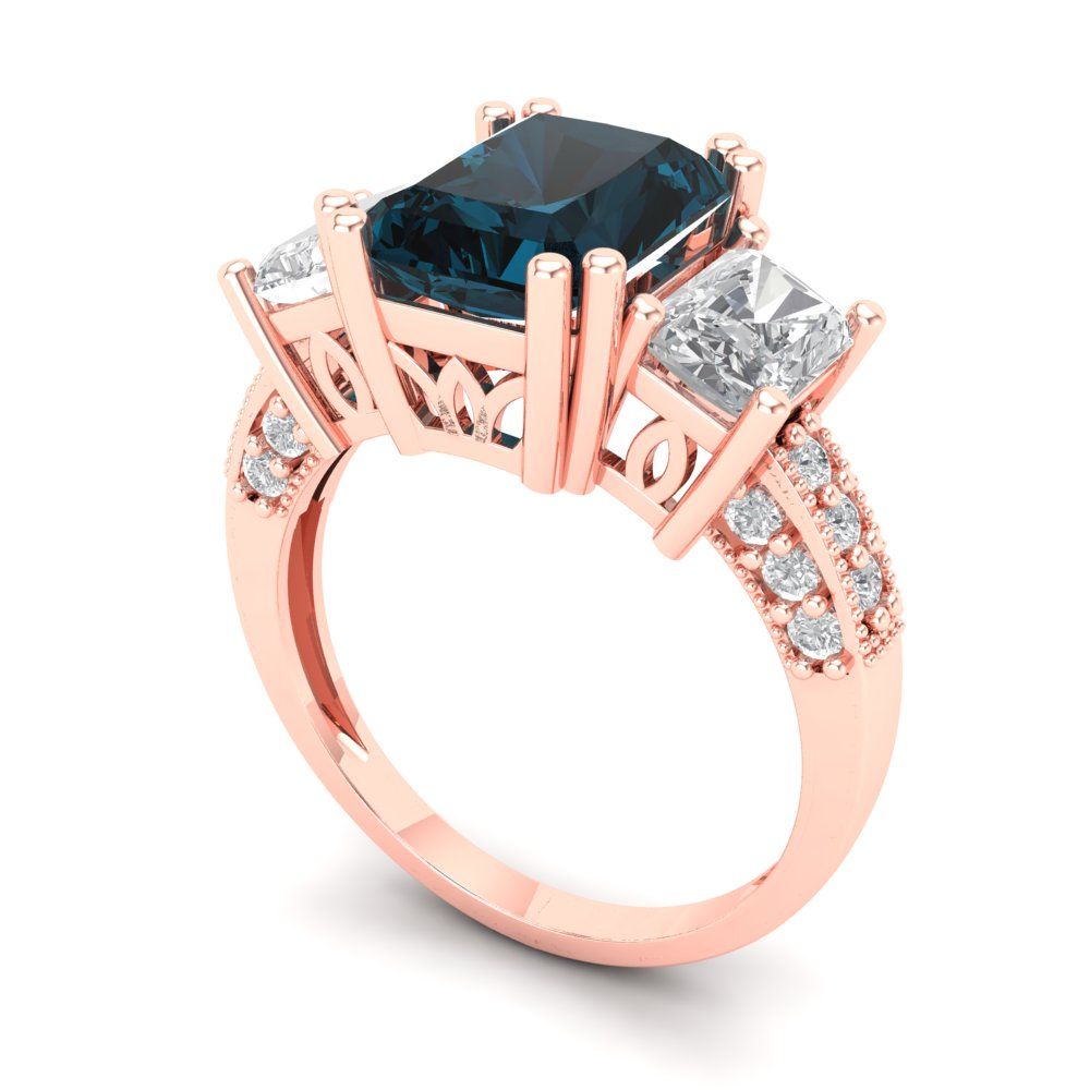 4.27 cttw Natural London Blue Topaz Three-Stone Engagement Ring - Solid Gold (Emerald Cut,9x7mm)