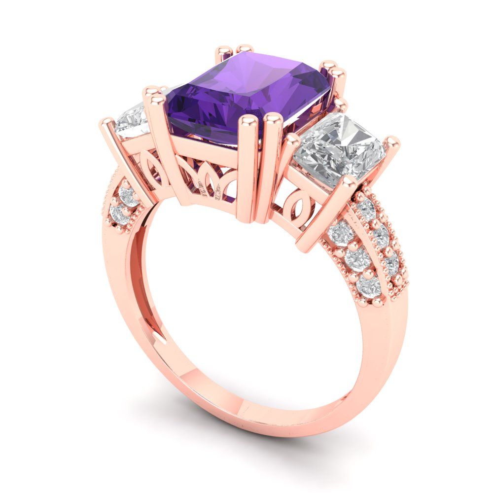 4.27 cttw Natural Amethyst Three-Stone Engagement Ring - Solid Gold (Emerald Cut,9x7mm)
