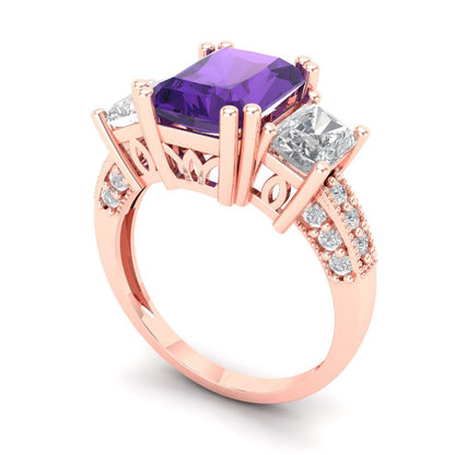 4.27 cttw Natural Amethyst Three-Stone Engagement Ring - Solid Gold (Emerald Cut,9x7mm)