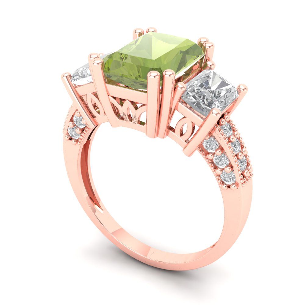 4.27 cttw Natural Peridot Three-Stone Engagement Ring - Solid Gold (Emerald Cut,9x7mm)