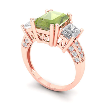 4.27 cttw Natural Peridot Three-Stone Engagement Ring - Solid Gold (Emerald Cut,9x7mm)