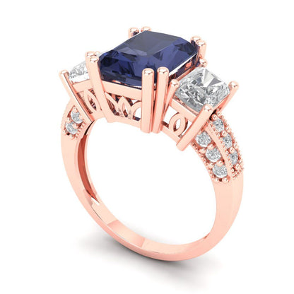 4.27 cttw Simulated Blue Sapphire Three-Stone Engagement Ring - Solid Gold (Emerald Cut,9x7mm)