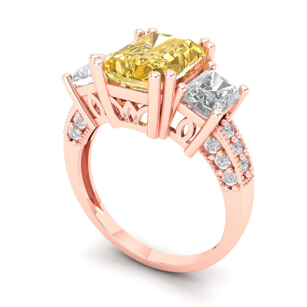 4.27 cttw Yellow Moissanite Three-Stone Engagement Ring - Solid Gold (Emerald Cut,9x7mm)