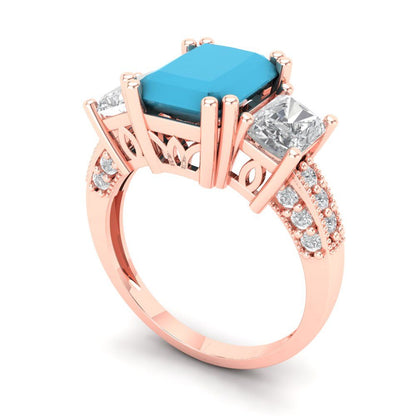 4.27 cttw Simulated Turquoise Three-Stone Engagement Ring - Solid Gold (Emerald Cut,9x7mm)