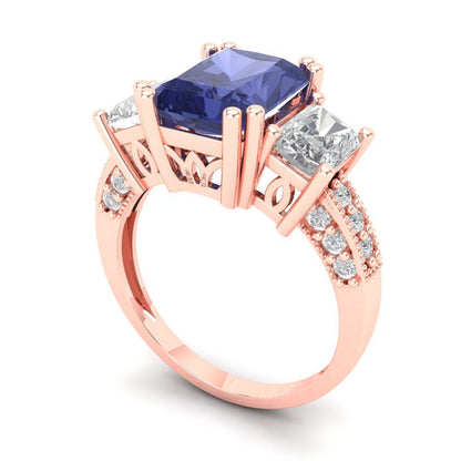 4.27 cttw Simulated Tanzanite Three-Stone Engagement Ring - Solid Gold (Emerald Cut,9x7mm)