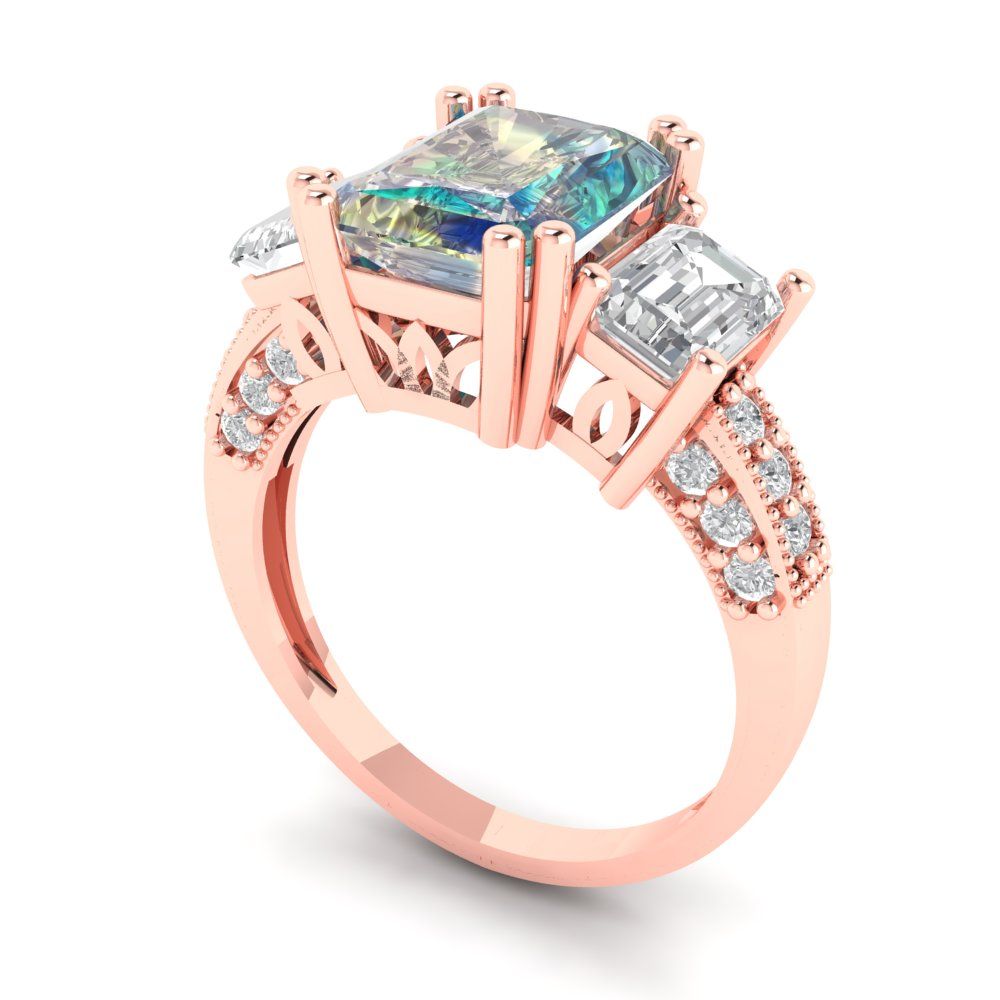 4.27 cttw Blue Moissanite Three-Stone Engagement Ring - Solid Gold (Emerald Cut,9x7mm)