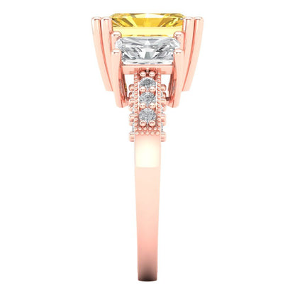 4.27 cttw Zirconia Simulated Yellow Diamond Three-Stone Engagement Ring - Solid Gold (VVS1, Emerald Cut,9x7mm)