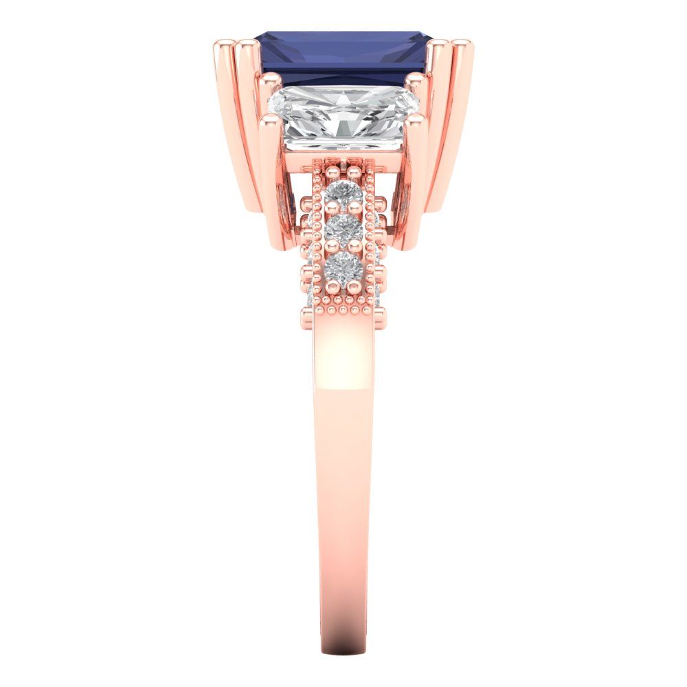 4.27 cttw Simulated Blue Sapphire Three-Stone Engagement Ring - Solid Gold (Emerald Cut,9x7mm)