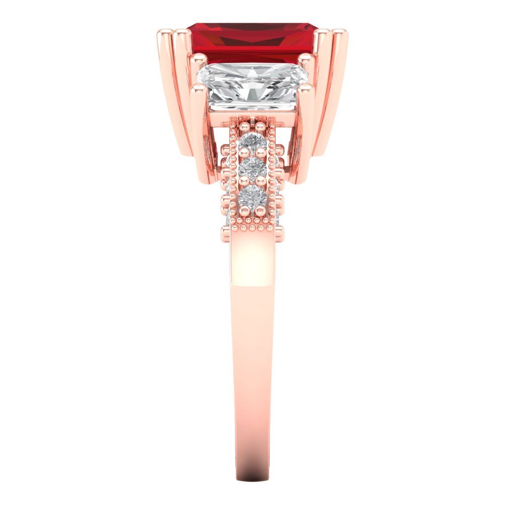 4.27 cttw Simulated Pink Tourmaline Three-Stone Engagement Ring - Solid Gold (Emerald Cut,9x7mm)