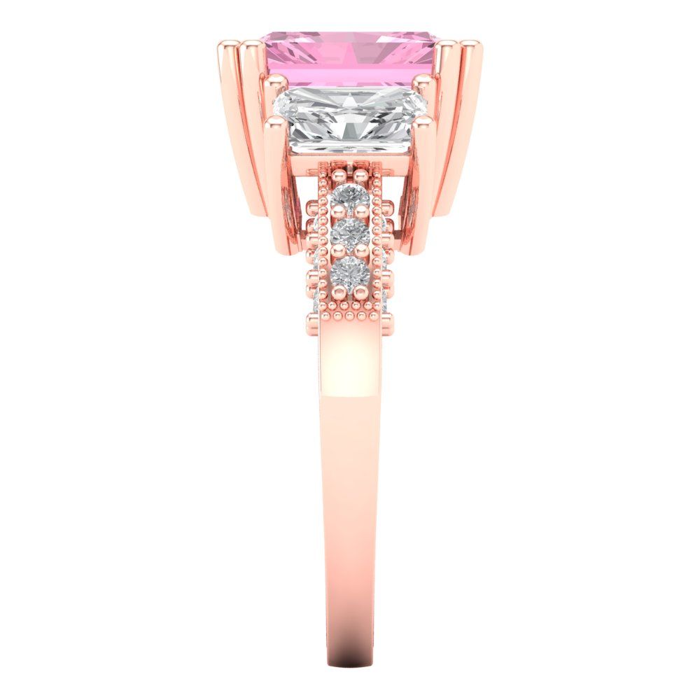 4.27 cttw Zirconia Simulated Pink Diamond Three-Stone Engagement Ring - Solid Gold (VVS1, Emerald Cut,9x7mm)