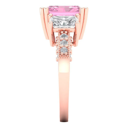 4.27 cttw Zirconia Simulated Pink Diamond Three-Stone Engagement Ring - Solid Gold (VVS1, Emerald Cut,9x7mm)