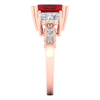 4.27 cttw Simulated Ruby Three-Stone Engagement Ring - Solid Gold (Emerald Cut,9x7mm)
