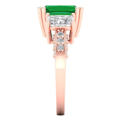 4.27 cttw Simulated Emerald Three-Stone Engagement Ring - Solid Gold (Emerald Cut,9x7mm)