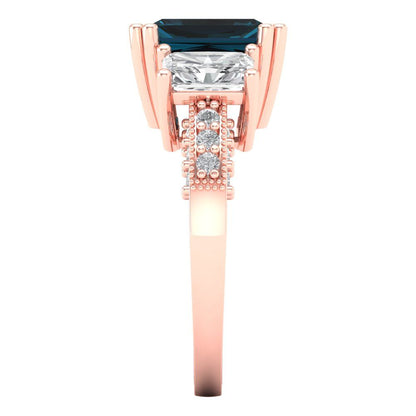 4.27 cttw Natural London Blue Topaz Three-Stone Engagement Ring - Solid Gold (Emerald Cut,9x7mm)