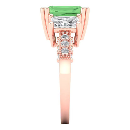 4.27 cttw Zirconia Simulated Green Diamond Three-Stone Engagement Ring - Solid Gold (VVS1, Emerald Cut,9x7mm)