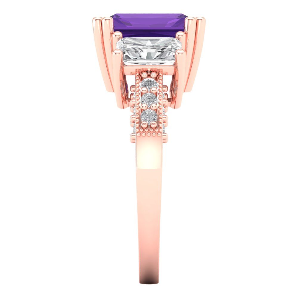 4.27 cttw Natural Amethyst Three-Stone Engagement Ring - Solid Gold (Emerald Cut,9x7mm)