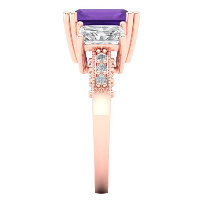 4.27 cttw Natural Amethyst Three-Stone Engagement Ring - Solid Gold (Emerald Cut,9x7mm)