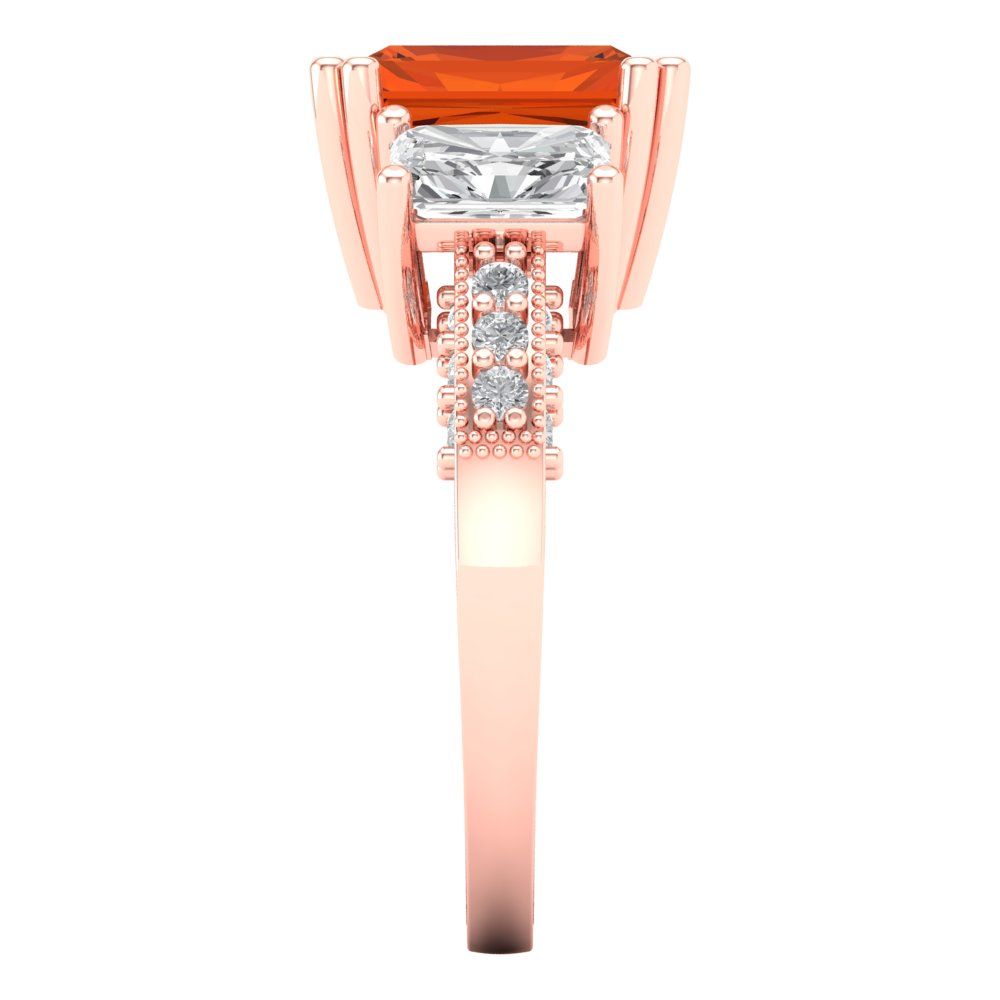 4.27 cttw Zirconia Simulated Red Diamond Three-Stone Engagement Ring - Solid Gold (VVS1, Emerald Cut,9x7mm)