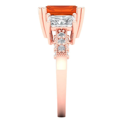 4.27 cttw Zirconia Simulated Red Diamond Three-Stone Engagement Ring - Solid Gold (VVS1, Emerald Cut,9x7mm)