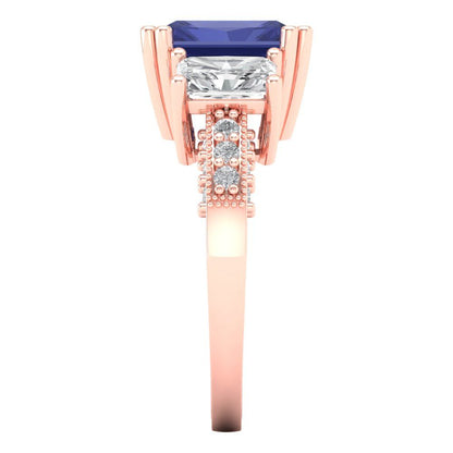4.27 cttw Simulated Tanzanite Three-Stone Engagement Ring - Solid Gold (Emerald Cut,9x7mm)