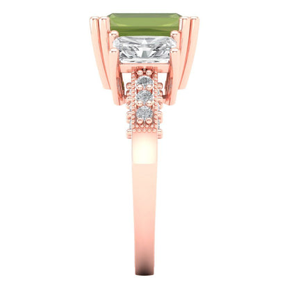 4.27 cttw Natural Peridot Three-Stone Engagement Ring - Solid Gold (Emerald Cut,9x7mm)