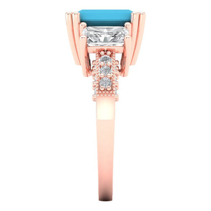4.27 cttw Simulated Turquoise Three-Stone Engagement Ring - Solid Gold (Emerald Cut,9x7mm)