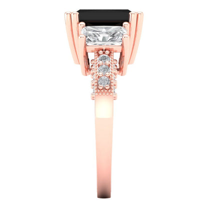 4.27 cttw Natural Onyx Three-Stone Engagement Ring - Solid Gold (Emerald Cut,9x7mm)