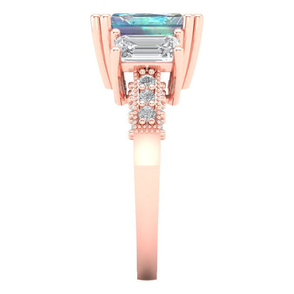 4.27 cttw Blue Moissanite Three-Stone Engagement Ring - Solid Gold (Emerald Cut,9x7mm)