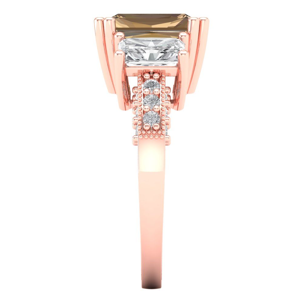 4.27 cttw Zirconia Simulated Champagne Diamond Three-Stone Engagement Ring - Solid Gold (VVS1, Emerald Cut,9x7mm)