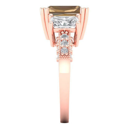 4.27 cttw Zirconia Simulated Champagne Diamond Three-Stone Engagement Ring - Solid Gold (VVS1, Emerald Cut,9x7mm)