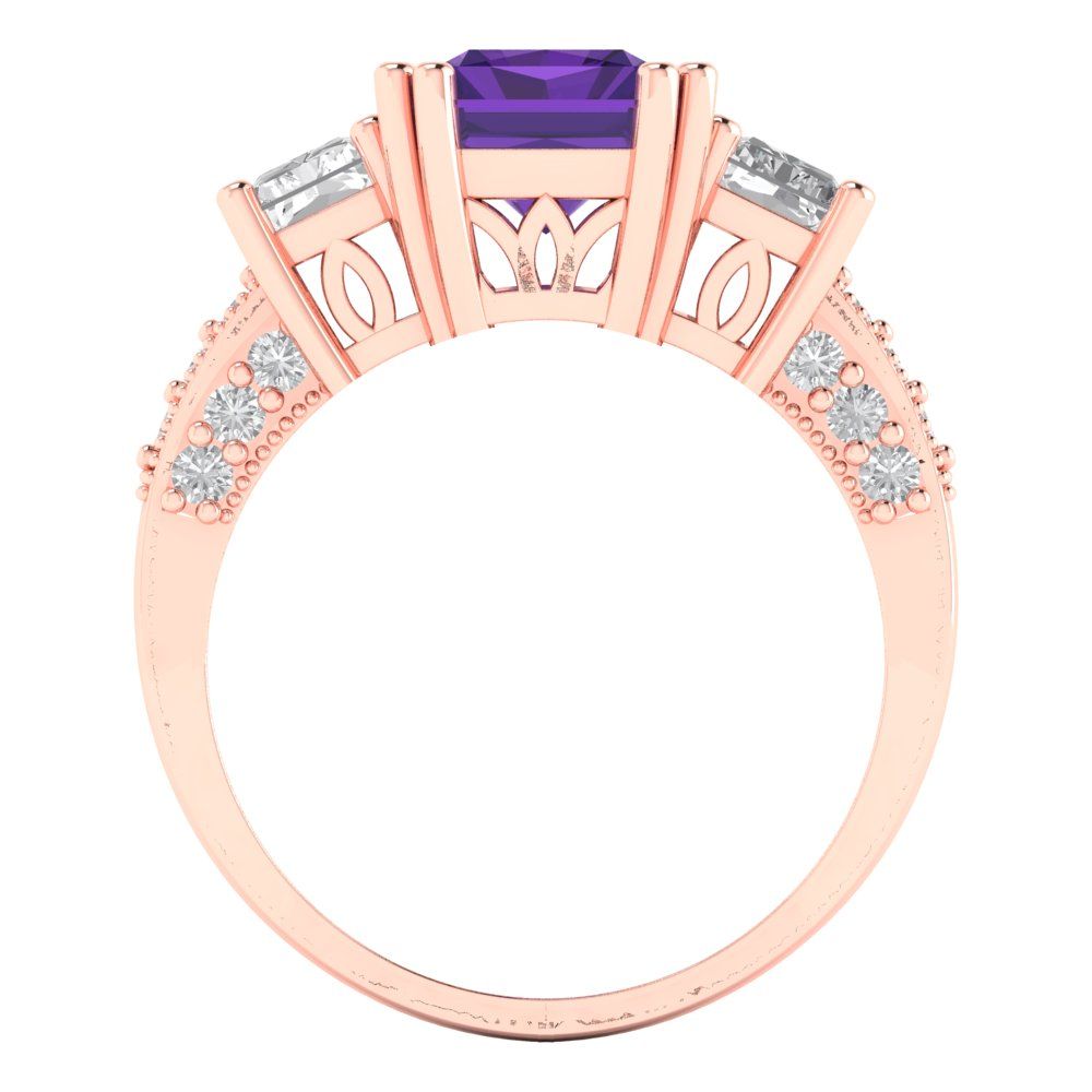 4.27 cttw Natural Amethyst Three-Stone Engagement Ring - Solid Gold (Emerald Cut,9x7mm)
