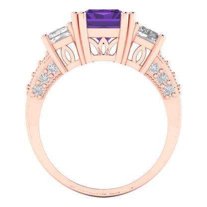 4.27 cttw Natural Amethyst Three-Stone Engagement Ring - Solid Gold (Emerald Cut,9x7mm)
