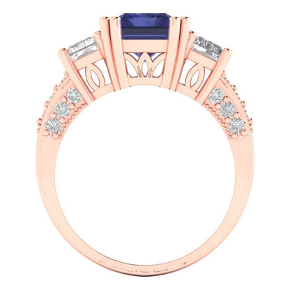 4.27 cttw Simulated Tanzanite Three-Stone Engagement Ring - Solid Gold (Emerald Cut,9x7mm)
