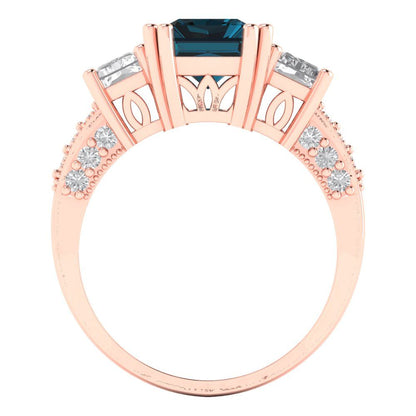 4.27 cttw Natural London Blue Topaz Three-Stone Engagement Ring - Solid Gold (Emerald Cut,9x7mm)