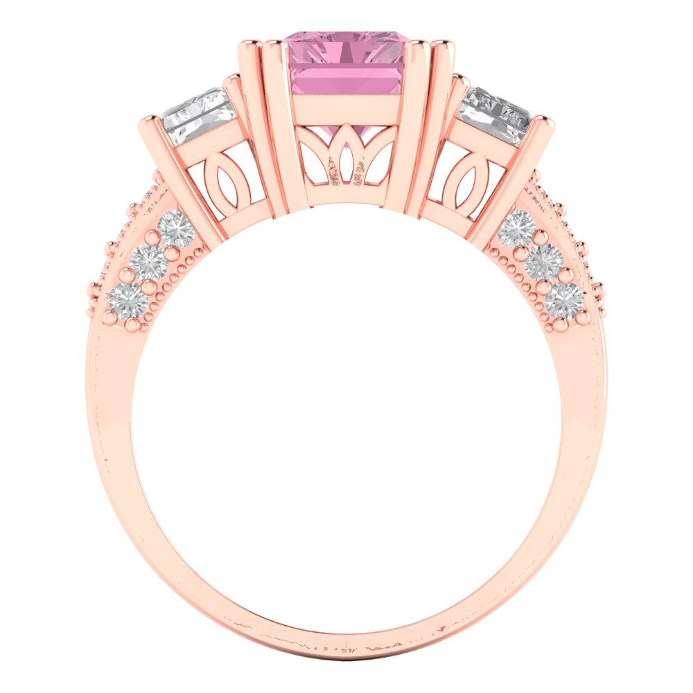 4.27 cttw Zirconia Simulated Pink Diamond Three-Stone Engagement Ring - Solid Gold (VVS1, Emerald Cut,9x7mm)