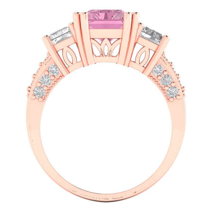 4.27 cttw Zirconia Simulated Pink Diamond Three-Stone Engagement Ring - Solid Gold (VVS1, Emerald Cut,9x7mm)