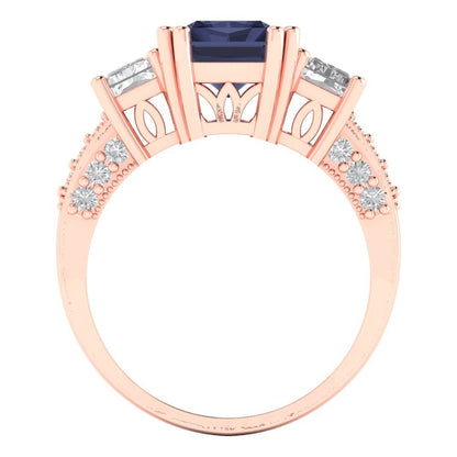 4.27 cttw Simulated Blue Sapphire Three-Stone Engagement Ring - Solid Gold (Emerald Cut,9x7mm)