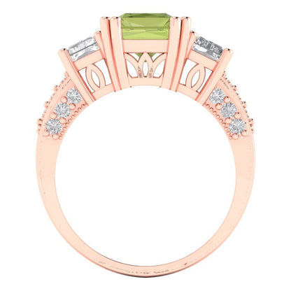 4.27 cttw Natural Peridot Three-Stone Engagement Ring - Solid Gold (Emerald Cut,9x7mm)