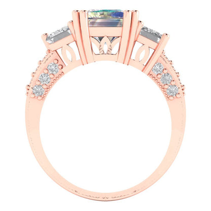 4.27 cttw Blue Moissanite Three-Stone Engagement Ring - Solid Gold (Emerald Cut,9x7mm)