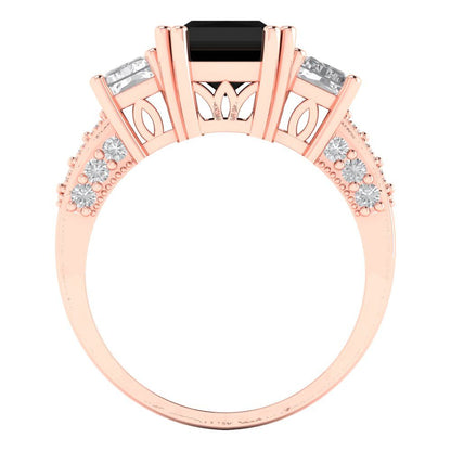 4.27 cttw Natural Onyx Three-Stone Engagement Ring - Solid Gold (Emerald Cut,9x7mm)