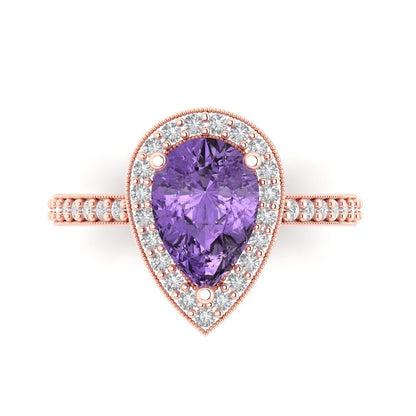2.36 cttw Simulated Alexandrite Hidden Halo Engagement Ring - Solid Gold (Pear Cut,10x7mm)