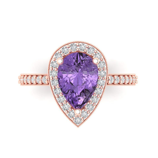 2.36 cttw Simulated Alexandrite Hidden Halo Engagement Ring - Solid Rose Gold (VVS1, Pear Cut,10x7mm)