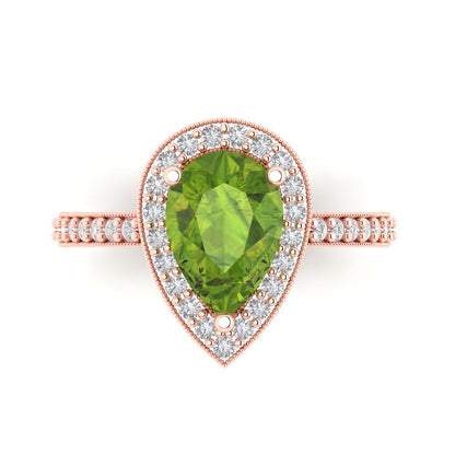 2.36 cttw Natural Peridot Hidden Halo Engagement Ring - Solid Gold (Pear Cut,10x7mm)
