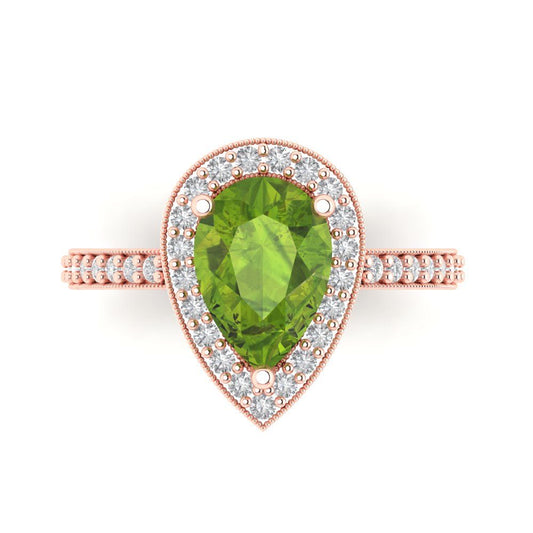 2.36 cttw Natural Peridot Hidden Halo Engagement Ring - Solid Rose Gold (VVS1, Pear Cut,10x7mm)