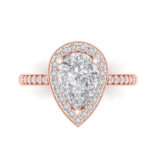 2.36 cttw Zirconia Simulated Diamond Hidden Halo Engagement Ring - Solid Rose Gold (VVS1, Pear Cut,10x7mm)
