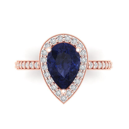 2.36 cttw Simulated Blue Sapphire Hidden Halo Engagement Ring - Solid Gold (Pear Cut,10x7mm)