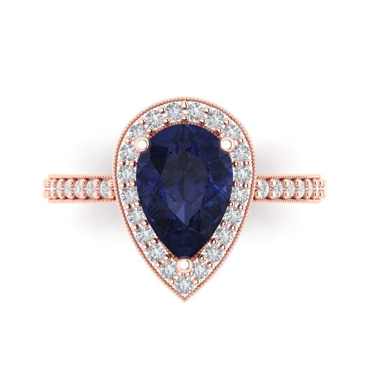 2.36 cttw Simulated Blue Sapphire Hidden Halo Engagement Ring - Solid Rose Gold (VVS1, Pear Cut,10x7mm)