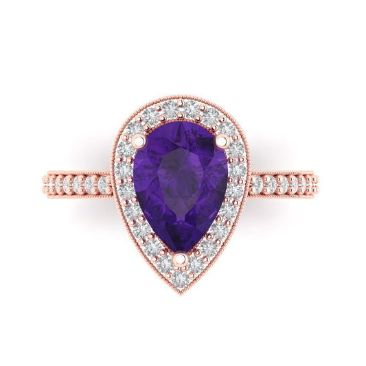 2.36 cttw Natural Amethyst Hidden Halo Engagement Ring - Solid Rose Gold (VVS1, Pear Cut,10x7mm)