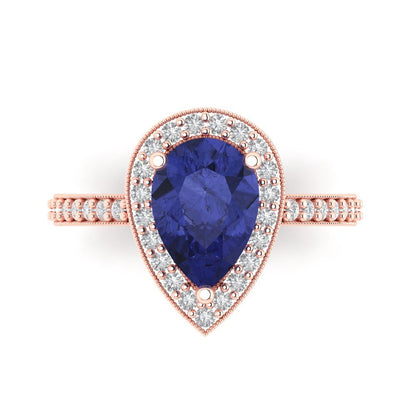 2.36 cttw Simulated Tanzanite Hidden Halo Engagement Ring - Solid Gold (Pear Cut,10x7mm)